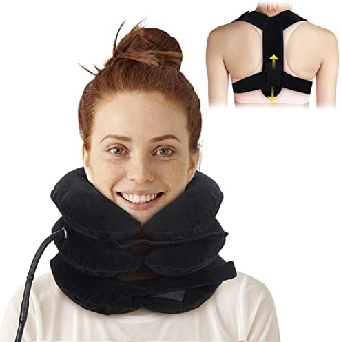 Cervical Neck Traction Device & Posture Corrector for Women and Men, Inflatable Neck Stretcher Brace for Decompression, Adjustable Upper Back Brace & Elastic Support (Carbon Black)