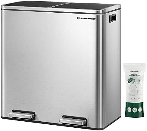 SONGMICS Trash Can, 2 x 8 Gallon (2 x 30 L) Garbage Can for Kitchen, with 15 Trash Bags, 2 Compartments, Plastic Inner Buckets and Hinged Lids, Airtight, Silver and Black ULTB60NL