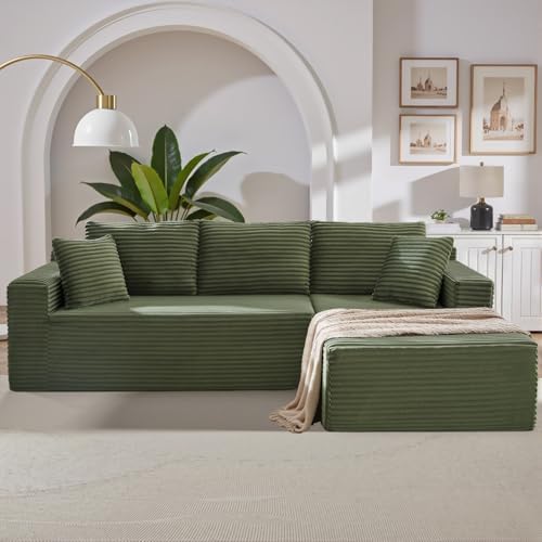 105 Inch Cloud Sectional Couch,Modern Modular Sectional Sofa with Deep Seat,Corduroy Boneless Couches with L-Shape Chaise for Living Room Bedroom,No Assembly Required (Green, Right Facing Chaise)