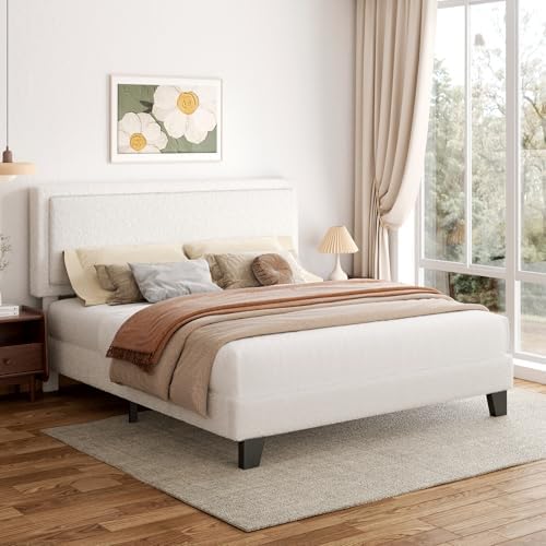 King Size Bed Frame and Headboard, Upholstered Platform Bed with Adjustable Headboard, Soft Boucle Fabric, Modern Style, No Box Spring Required, Easy Assembly, Off-White