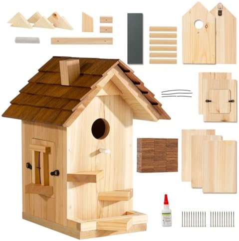 Premium Wooden Bird House Kit - Birdhouse for Outside - Build it Yourself Birdhouse Kits for Adults to Build - Woodworking Adult Crafts & DIY - Easy Open for Cleaning
