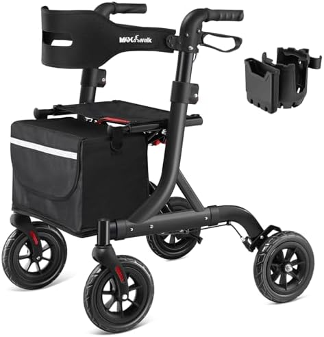 Walkers for Seniors, Rollator Walker with Seat, 8" Rubber Wheels All Terrain Rollator Walker with Backrest, Aluminum Walkers Built-in Cable, Foldable and Adjustable Height for Seniors, Black
