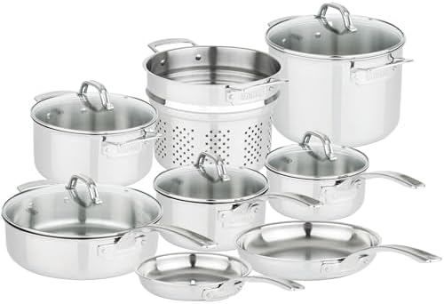 Viking 3-Ply Pots and Pans Set, 13 Piece Stainless Steel Cookware, Glass Lids, Strainer, Silver