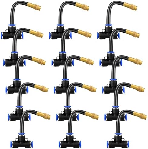 Zonon Brass Misting Nozzles Tee with Built in Hose 360 Degree Rotation Adjustable Water Mister Nozzles Thread Sprayer 0.043" Misting Parts and Accessories for Patio Outdoor Cooling(15 Pcs,4 Inch)