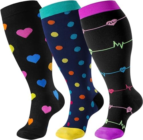 bropite 3 Pairs Plus Size Compression Socks Extra Wide Calf Women&Men 20-30mmHg Support Dancing Cycling Running Climbing