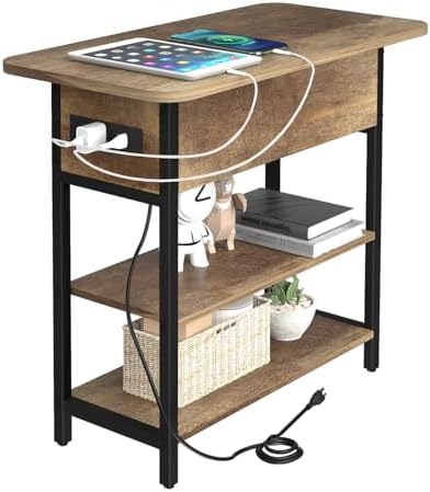 Yoobure End Table with Charging Station, Flip Top Side Table with USB Ports and Outlets, Sofa Couch Table Bedside Table for Living Room Bedroom, Narrow Nightstand with Storage Shelves for Small Space