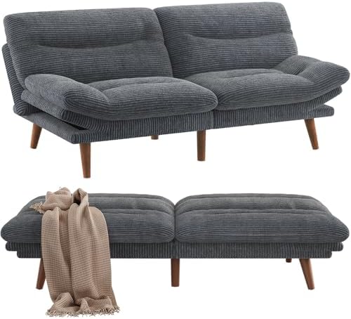 PERLECARE Convertible Futon Sofa Bed, 66" Corduroy Futon Couch with Adjustable Backrest and Armrests, 3-in-1Recliner Sleeper Sofa for Small Spaces, Play Room or Office（Grey，66 in）