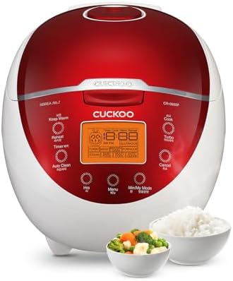 Cuckoo CR-0655F Rice Cooker & Warmer, 6 cups, LCD Display 11-Menu Options - White, Turbo, Mixed, and Brown/GABA Rice, Porridge, Steam Multi Cook, My Mode, 16-Various Cooking Methods, Sm, Red/White