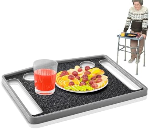 Bundaloo Universal Walker Tray with Non-Slip Mat, Lightweight Walker Accessory Tray for Meals, Drinks, and Daily Use, Includes Dual Cup Holders, Fits Most Standard Walkers, Gray