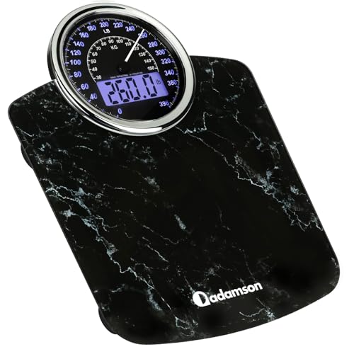 Adamson Hybrid 2-in-1 Analog & Digital Weighing Scale for Body Weight up to 400lbs + Thick Tempered Glass + Extra Large Display + Easy to Read Digital Bathroom Scale + New - Marble Black