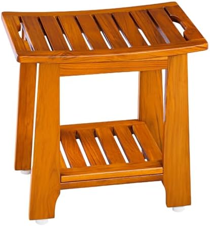 18" Standard Teak Shower Bench with Shelf & Handle - Waterproof, Non-Slip Bath Stool, 300 lbs Capacity - Fits Standard Tubs/Showers & Outdoor Use (Patented)