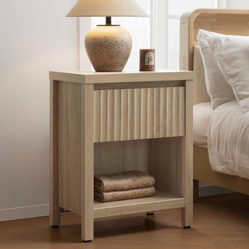 SICOTAS Fluted Night Stand Set of 2, Farmhouse Nightstands with Drawer, Boho Bedside Table with Storage Shelf, Large End Tables Bed Side Tables for Bedroom, Light Oak