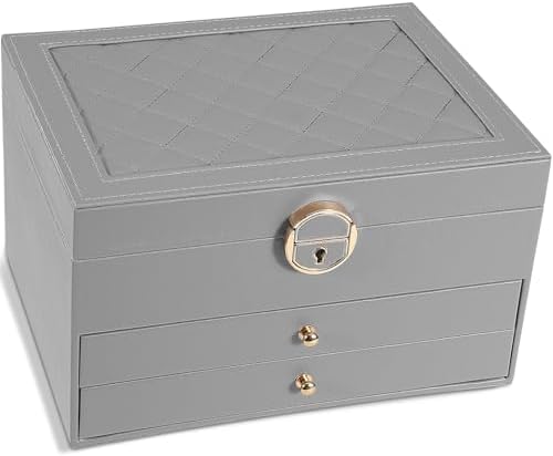 GUOER Jewelry Box for Women Girl Wife 3 Layers Large PU Leather Jewelry Organizer Storage Case with Two drawers Display for Earrings Bracelets Rings Watches (Grey)