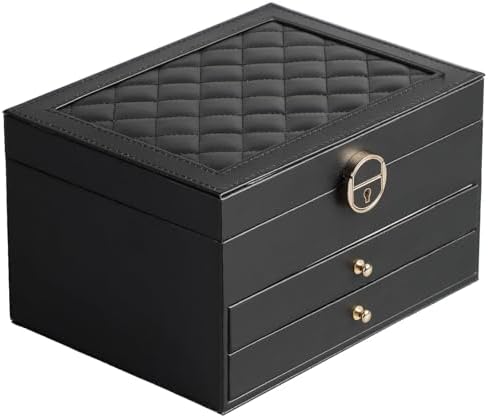 GUOER Jewelry Box for Women Girl Wife 3 Layers Large PU Leather Jewelry Organizer Storage Case with Two drawers Display for Earrings Bracelets Rings Watches (Black)