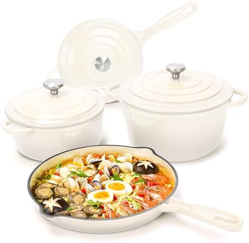 Hisencn Enameled Cast Iron Cookware Set - 7-Piece Ceramic Coated Cast Iron Cookware Set, Dutch Ovens, Sauce Pan, Skillet, 3 Lids, Heavy Duty Cookware, Gas/Induction Compatible, PFA Free, Cream White