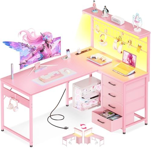 MOTPK L Shaped Gaming Desk with Drawers & LED Light & Power Outlet, 43" Reversible Computer Table with Shelves & Hooks for Home Office, Carbon Fiber Pink
