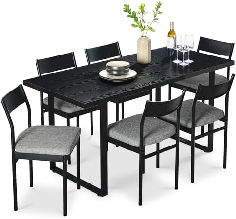 Best Choice Products 7-Piece Modern Dining Room Set, Kitchen Table Set, Dining Table w/ 6 Chairs, Upholstered Cushions, Solid Metal Frame, Curved Backrest - Black/Gray
