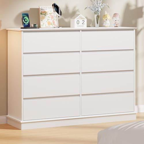 GarveeHome 8 Drawer Dressers for Bedroom, Chest of Drawers with Deep Drawers, Large Double Dresser for Closet with Wide Top, Horizontal Wooden Dresser for Living Room, Hallway, Kids Room, White