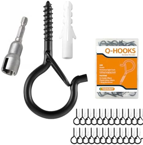 30 PCS Q-Hanger Hooks with Safety Buckle, Windproof Screw Wall Ceiling Hooks for Outdoor String Lights Hanging Christmas Lights, Plants, with 1 Wing Nut Driver