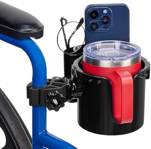 JOYTUTUS Wheelchair Cup Holder, 2-in-1 Walker Cup Holder with 4.72'' Small Storage Box, Drink Holder for Bottle with Handle, Fit for Wheelchair, Walker, Rollator, Stroller, Camper, Golf cart (Small)