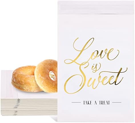 AnyDesign 100Pack Wedding Party Favors Buffet Bags Gold Foil Love is Sweet White Kraft Paper Rustic Treat Bags Self-Adhesive Candy Cookie Buffets Bags for Party Gift Wedding Craft Fairs Events 5x7In