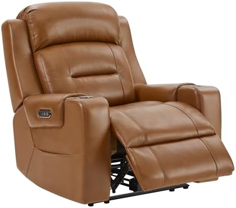 Watson & Whitely Genuine Leather Power Recliner Chairs for Adults, Lay Flat Recliner with Power Headrest, USB Ports and Cup Holders, Electric Reclining Sofa for Living Room, Bedroom, Saddle Brown