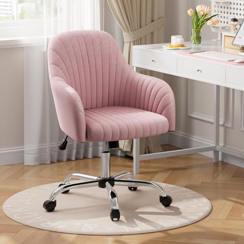 Warmiehomy Velvet Desk Chair for Home Office, Modern Adjustable Swivel Task Chair, Women Vanity Chairs with Arm Rest for Bedroom Dressing Room, Pink