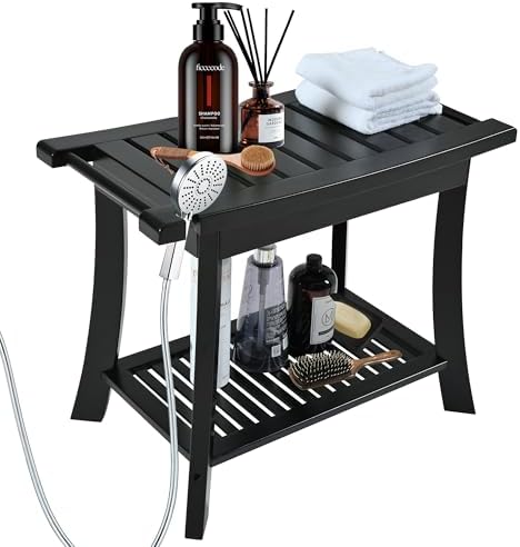 Black Bamboo Shower Bench for Inside Shower with Storage Shelf, Bathroom Shower Stool for Adults Shaving Legs, Spa Bathroom Bench Stool for Seniors Adults Elderly Indoor Outdoor Use