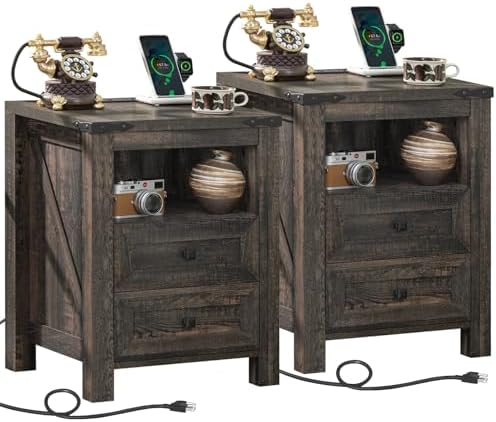 Nightstands Set of 2 with Charging Station, Farmhouse Night Stand with 2 Drawers and Shelf Storage, Wooden Side End Table, Bedside Cabinet for Bedroom, Living Room, Closet,Office (Dark Drey)