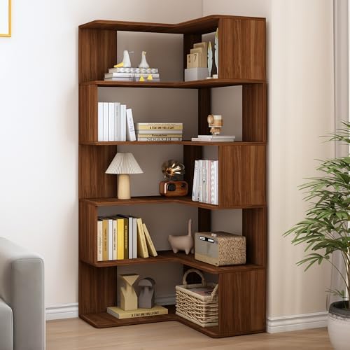 IOTXY 6-Tier L-Shaped Corner Bookshelf - 66" Tall Wooden Freestanding Bookcase with Open Shelf Units, Walnut