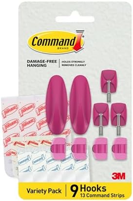 Command Mixed Hooks Pack, 9 Dragon Fruit Hooks, 13 Strips (2 Medium Designer Hooks, 4 Medium Indoor Strips; 3 Small Wire Hooks, 4 Small Indoor Strips; 4 Clear Round Cord Clips, 5 Small Clear Strips)