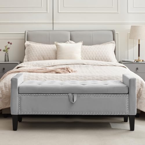 Velvet Storage Ottoman Bench, 45'' Upholstered Button Tufted End of Bed Bench, Modern Storage Bench for Bedroom, Living Room, or Entryway, Grey