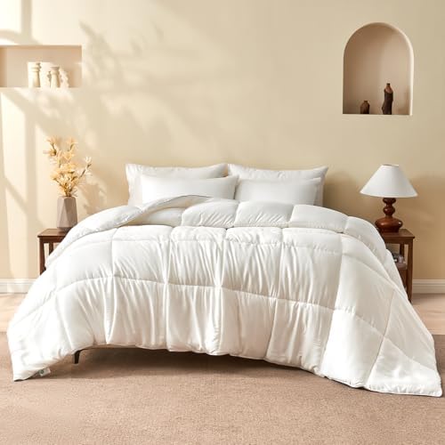 BPC 100% Rayon Derived from Bamboo Silk Blend Comforter King Size for All Season, Soft ClimaSilk™ Down-Alternative Duvet Insert, Medium Warmth, White, 106x90 Inches