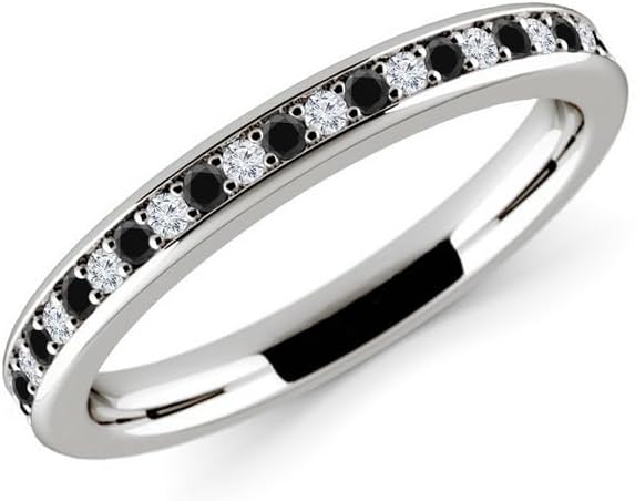 Alternate Black & White Diamond Wedding Band For Women, 14k Gold Finish Black Diamond Half Eternity Ring, Ladies Stackable Diamond Ring