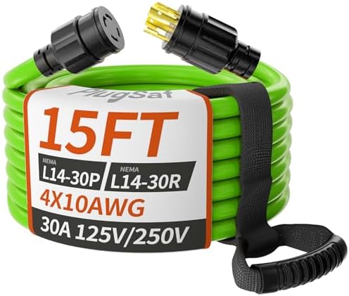 15FT 30 Amp Generator Extension Cord 4 Prong, NEMA L14-30P/L14-30R 10 Gauge STW 125/250V Twist Lock Generator Cord Heavy Duty, Green ETL Listed