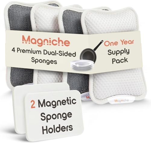 3-in-1 Dishwashing Cleaning Kit - Magnetic Sponge Holder for Kitchen Sink w/ 4-Pack Dual-Sided Dish Sponges Kitchen Set - Reusable Sponges for Dishes & Magnetic Dish Sponge System Starter Kit
