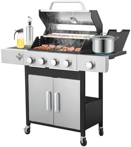 4-Burner Propane Gas Grill with Side Burner, 46,000 BTU Outdoor BBQ Grill with Porcelain-Enameled Cast Iron Grates and Griddle Pan, Built-in Thermometer Stainless Steel Grill for Outdoor Cooking