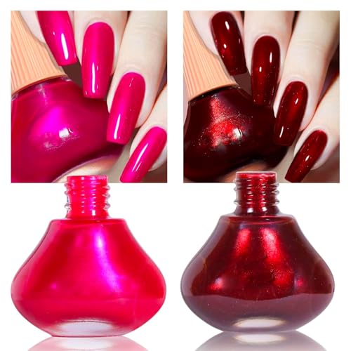 COSMOO Hot Pink with Wine Red 2pcs Nail Polish, 12ml Quick Dry Nail Lacquer, Super Lustrous Nail Enamel Polish, Shimmer Iridescent Ultrachrome Nail Art Varnish, 0.41 fl oz/pcs (Hot Pink + Wine Red)