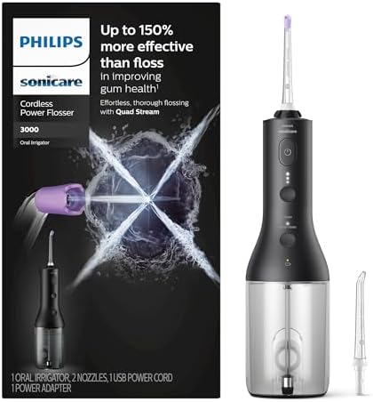 Philips Sonicare Cordless Power Flosser 3000, Water Flosser with Innovative Quad Stream Technology, Oral Irrigator with 2 Flossing Modes and 3 Intensity Levels, Ergonomic Design, Black, HX3826/23