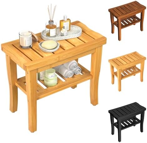 Bamboo Shower Bench Stool with Storage Shelf Waterproof Shower Chair Spa Bath Seat First Apartment Essentials New Home Must Haves Things Stuff Accessories House Warming Hostess Host