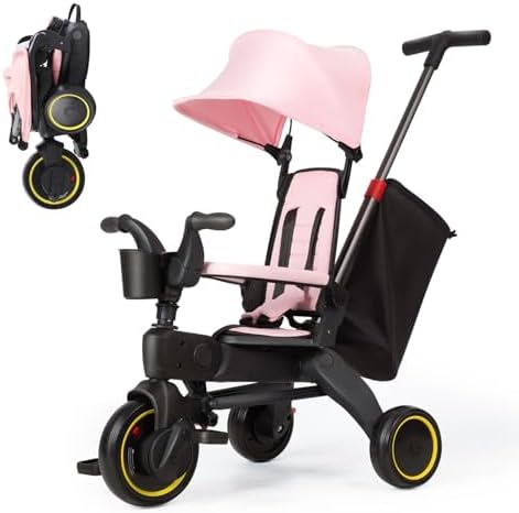 5-in-1 Compact, Foldable Tricycle - Suitable for Toddlers 10 to 36 Months Push Tricycle Bike for Toddlers with Removable Handle Seat Adjustable Canopy for Kids Pink
