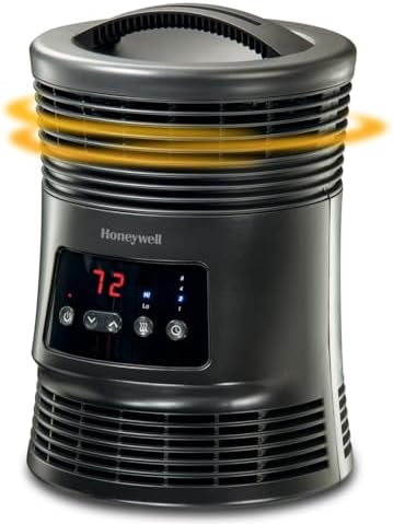 Honeywell HHF370B 360 Degree Surround Fan Forced Heater with Surround Heat Output Charcoal Grey Energy Efficient Portable Heater with Adjustable Thermostat & 2 Heat Settings , Black