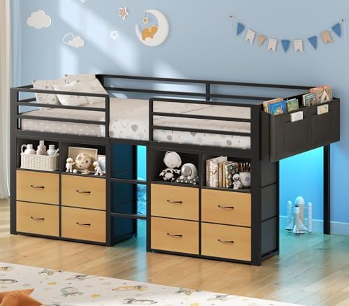 ADORNEVE Low Loft Bed Twin Size with 8 Storage Drawers, Twin Loft Bed with Bookcase and LED Lights, Metal Kids Loft Bed with 14" H Safety Guardrail, Under-Bed Play Space, No Box Spring Needed, Natural