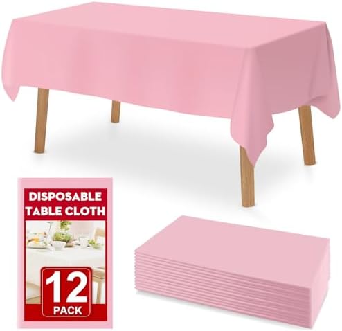 12 Pack Pink Plastic Table Cloths Disposable，54 x 108 Inches Plastic Table Cover for Rectangle Tables，Disposable Tablecloth for Dinning，Parties，BBQ，Wedding，Outdoor