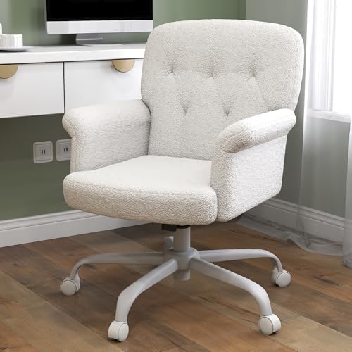 ZZH Comfy Home Office Desk Chair, Upholstered Fuzzy Vanity Chair with Wheels and Arms, Modern Adjustable Swivel Computer Seat for Living Room, Bedroom, Make Up, Home Office, White