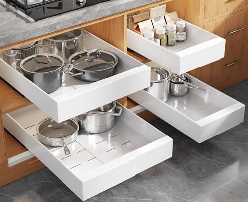 4 Pack Expandable (9"-14") Pull Out Cabinet Organizer 21" Deep With Raising Pad for Framed Cabinets,Upgrade 3 Slide Rails Slide Out Drawers,No Drill Roll Out Shelves Adhesive,White