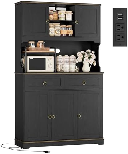 HOSTACK 71" Tall Pantry Cabinet with Power Outlets, Kitchen Pantry Storage Cabinet with Microwave Stand, Farmhouse Kitchen Hutch with Drawers, Food Pantry Large Cupboard for Dining Room, Black
