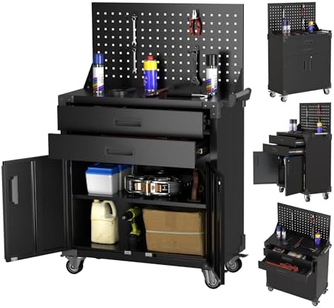SUXXAN Black Tool Cart with Pegboard and 4 Hooks,Garage Storage Cabinet on Wheels with 2 Drawer,Industrial Service Utility Tool Cart for Mechanics, Garage, Workshop