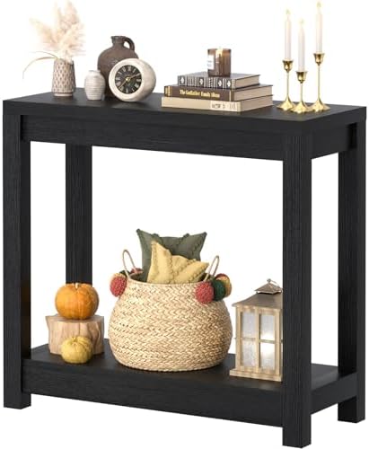 Small Farmhouse Wood Entryway Table Narrow Console Table with Storage Behind Couch Sofa Table with Shelves Entry Way Table with Open Storage, Easy Assembly, 32" Embossed Wood Grain Black