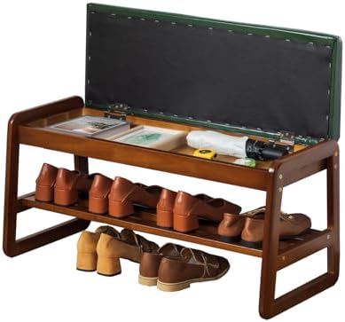 latifolia Solid Wood Bench, Entryway Shoe Bench with Cushion, Flip-Open Storage Compartment, 2-Tier Shoe Organizer(Green,31.50''L)